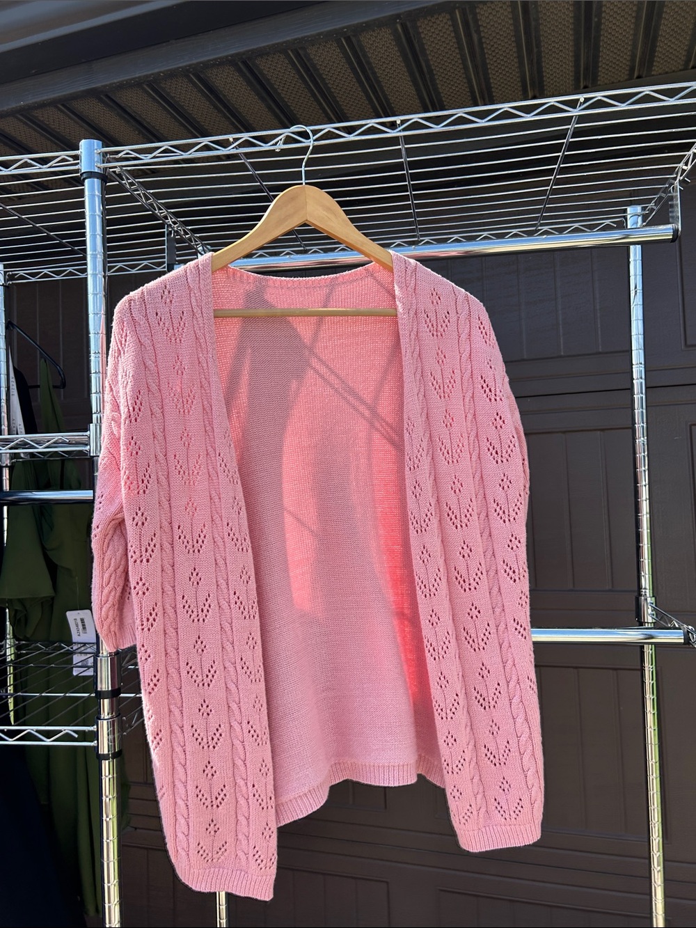 Amazon Pink Open-Front Eyelet Knit Cardigan